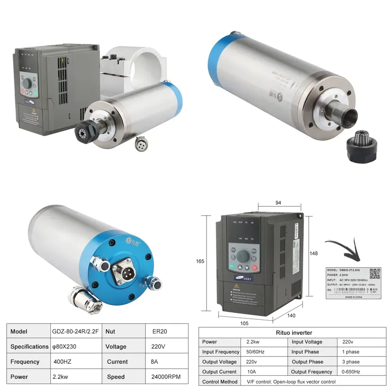 2026China*Factory* ER20 2.2kw  - огляд і ціна 2.2Kw Water Cooled Spindle Kit Vfd