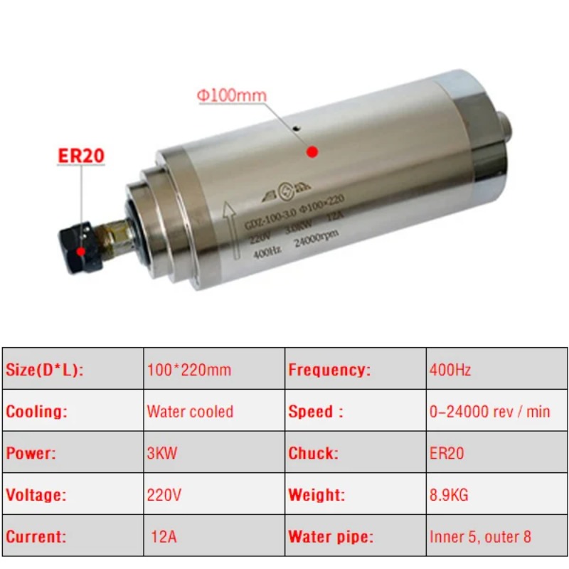 Water Cooled CNC Spindle Motor - огляд і ціна Er20 Collet Chuck Spindle Motor 220V